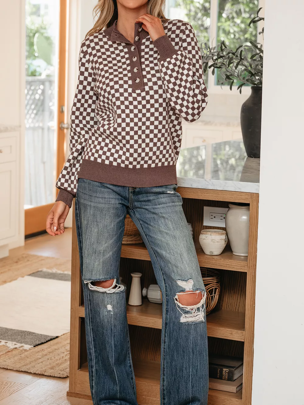 Half Button Ribbed Trim Checkerboard Knit Sweater, image 5