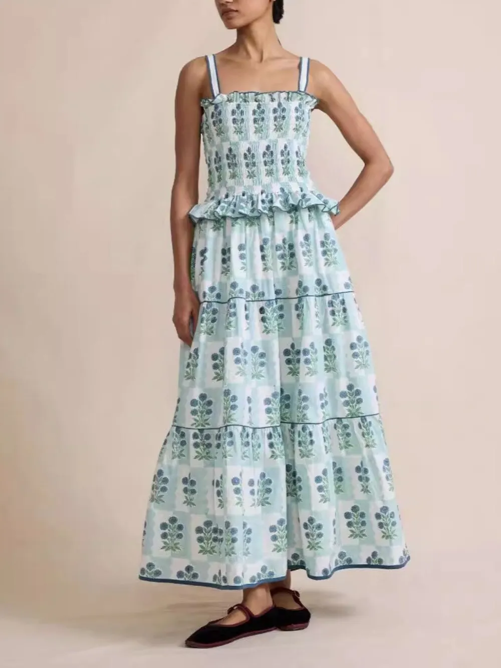 Smocked Ruffled Square Neck Maxi Dress, image 9