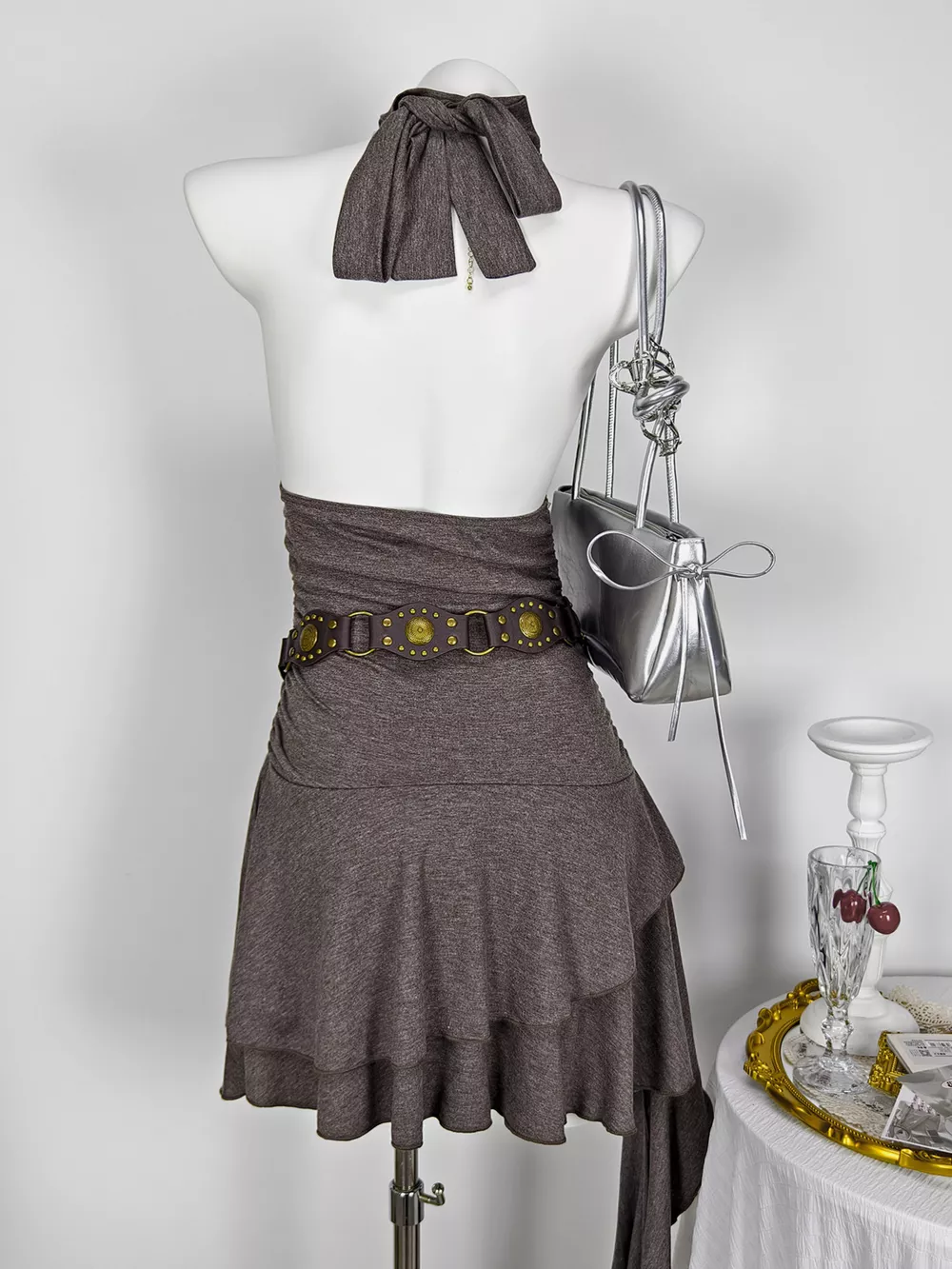 Studded Halter Neck Ruffle Hem Mini Dress, image 4