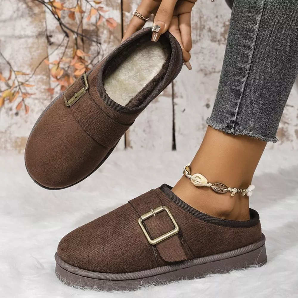 Buckle Decor Plush Lined Warm Slippers, image 6