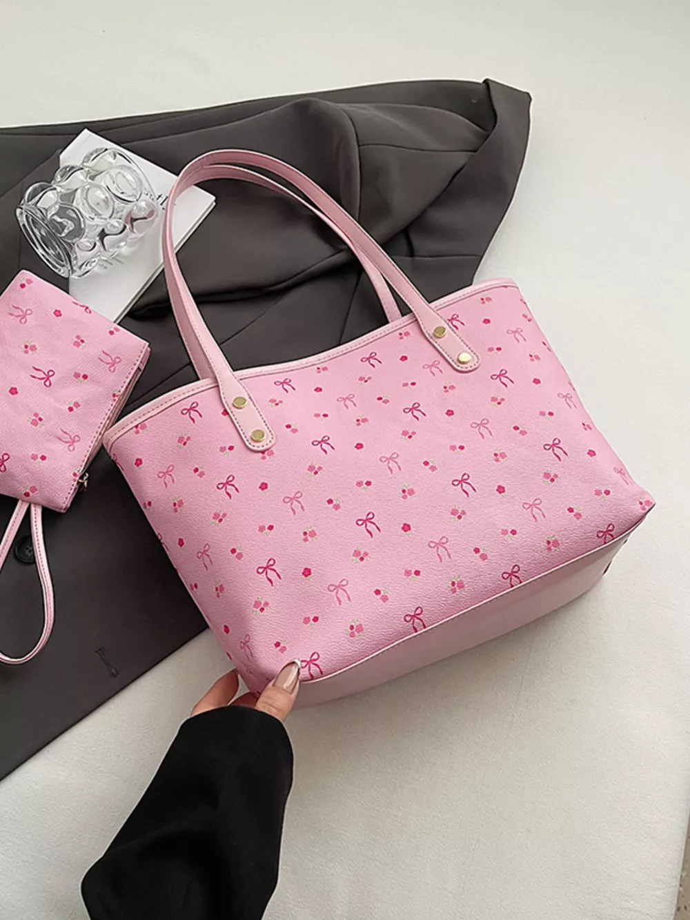 Printed Tote Shoulder Bag with Pouch, image 7