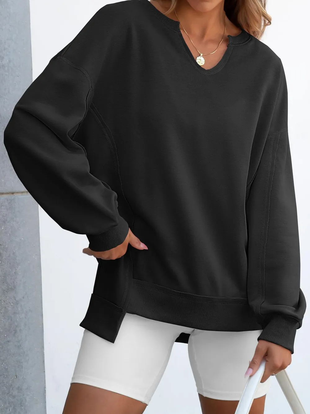 Notched Long Sleeve Oversized Sweatshirt, image 22