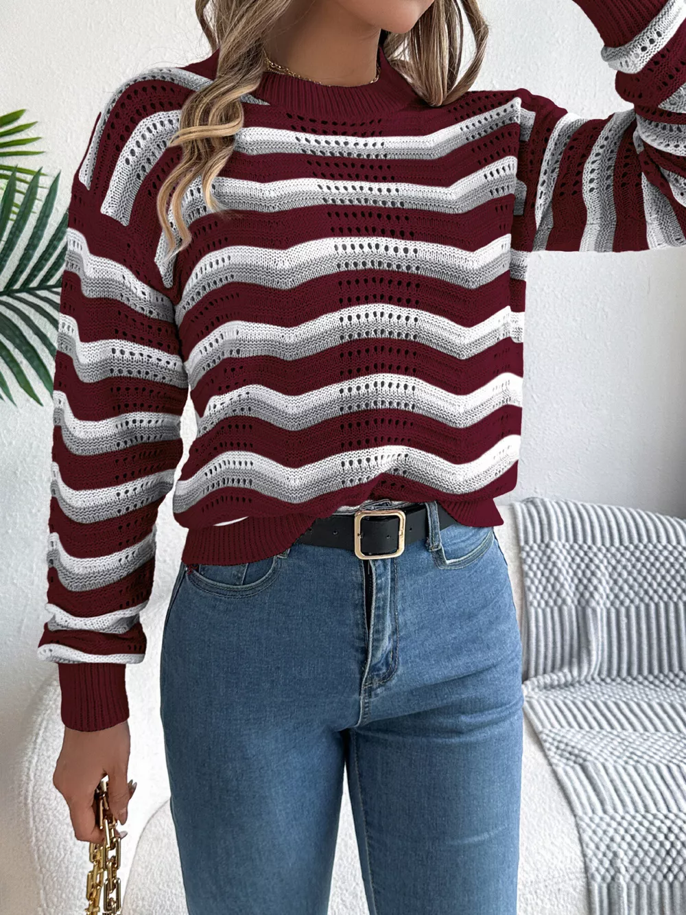 Striped Round Neck Long Sleeve Sweater, image 13