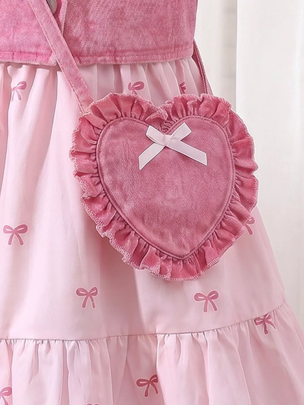 Children's Bow Print Puff Sleeve Dress and Vest Set with Heart Bag, image 3