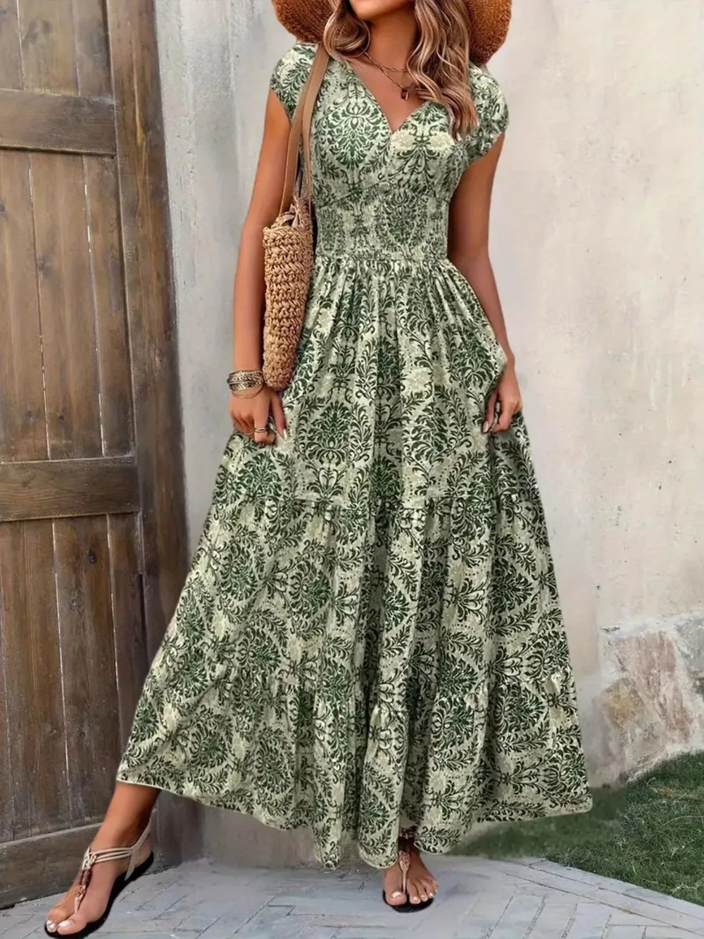 Printed Cap Sleeve Maxi Dress, image 17