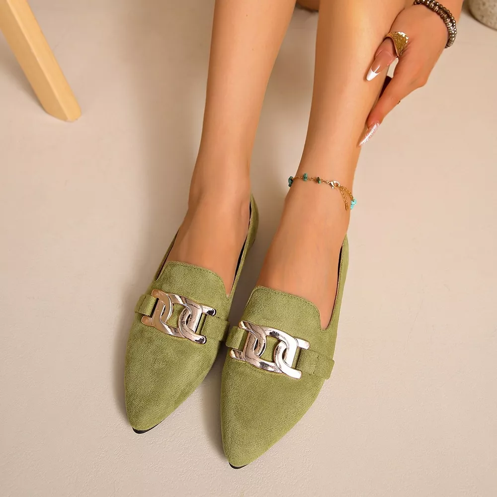 Pointed-Toe Suede Loafers with Metallic Chain Detail
