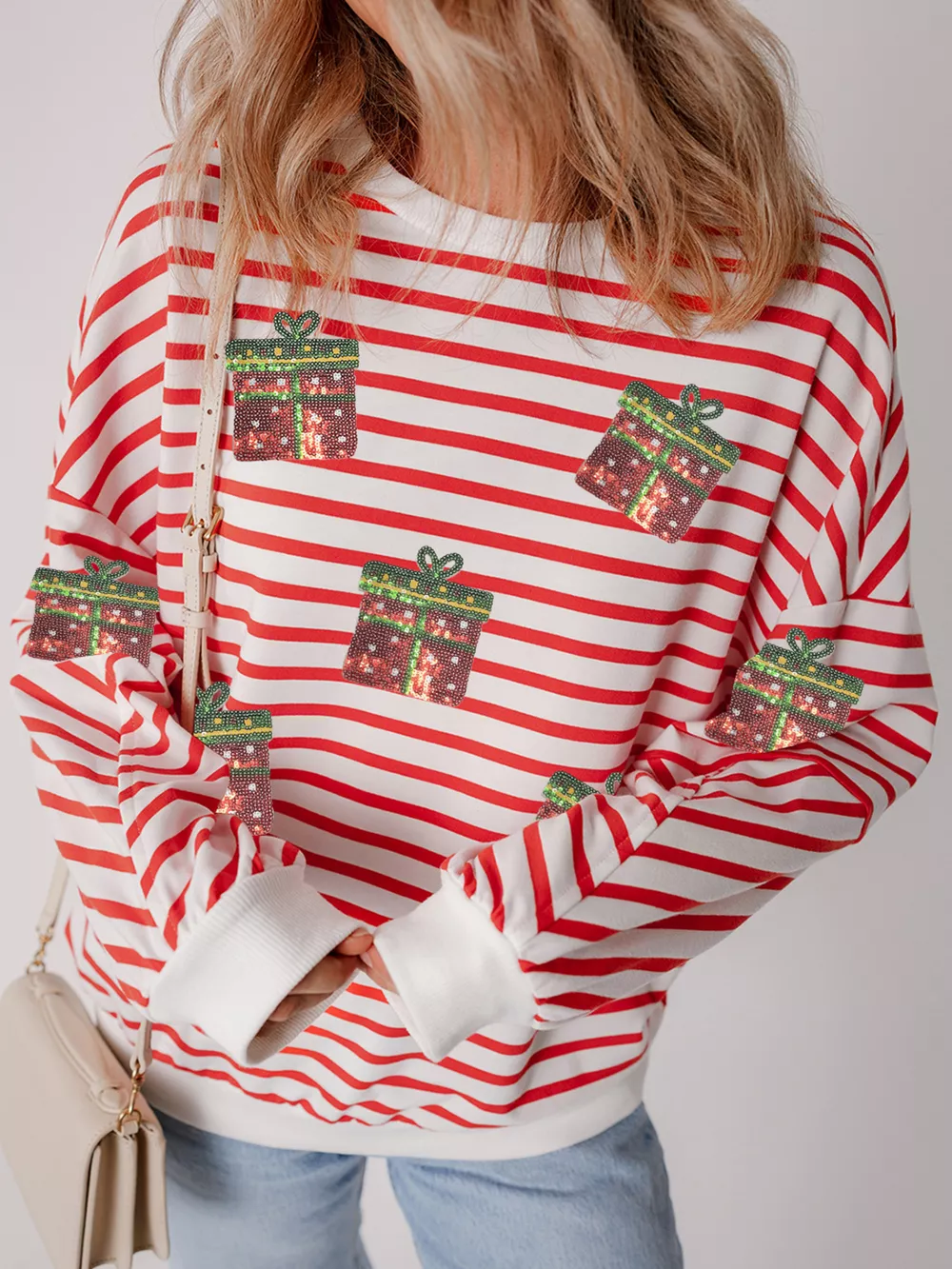 Stripe Sequin Christmas Gift Patched Drop Shoulder Sweatshirt