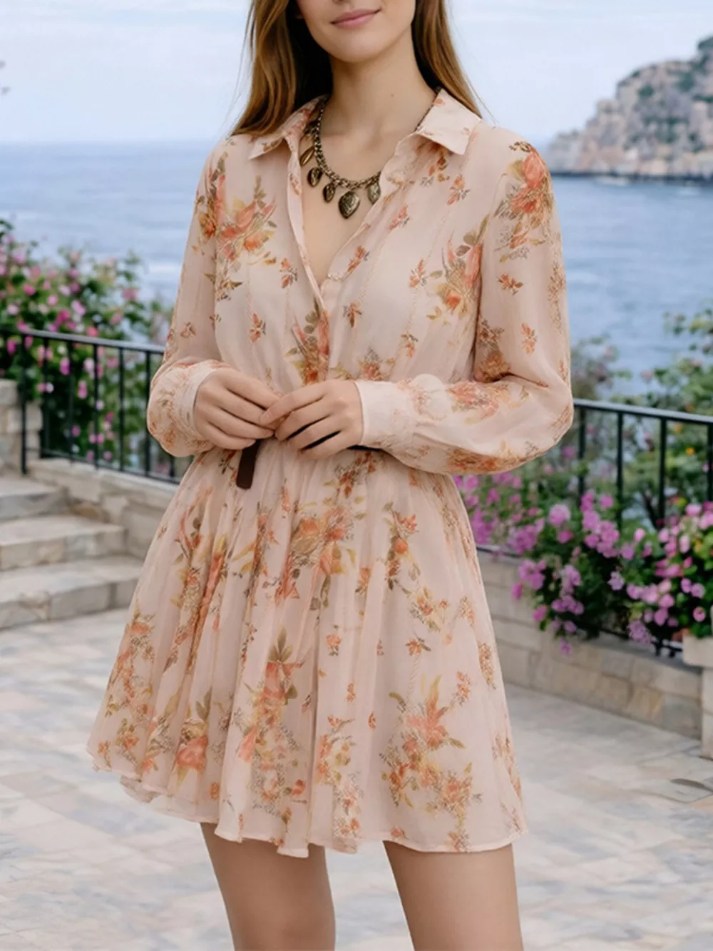 Full Size Floral Print Long Sleeve Shirt Dress Plus Size, image 2