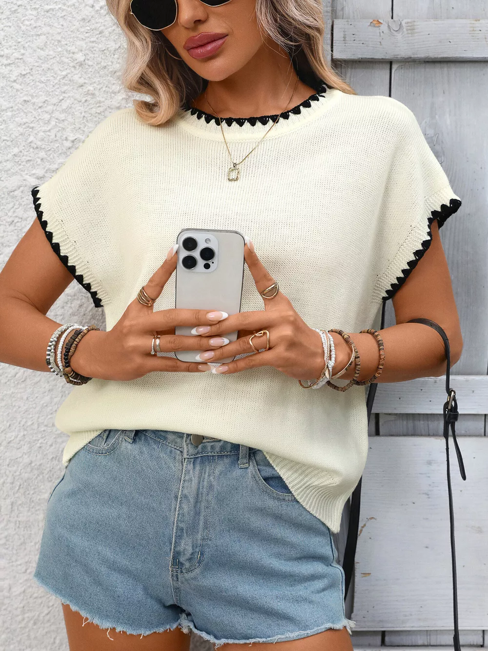 Contrast Trim Short Sleeve Sweater, image 4
