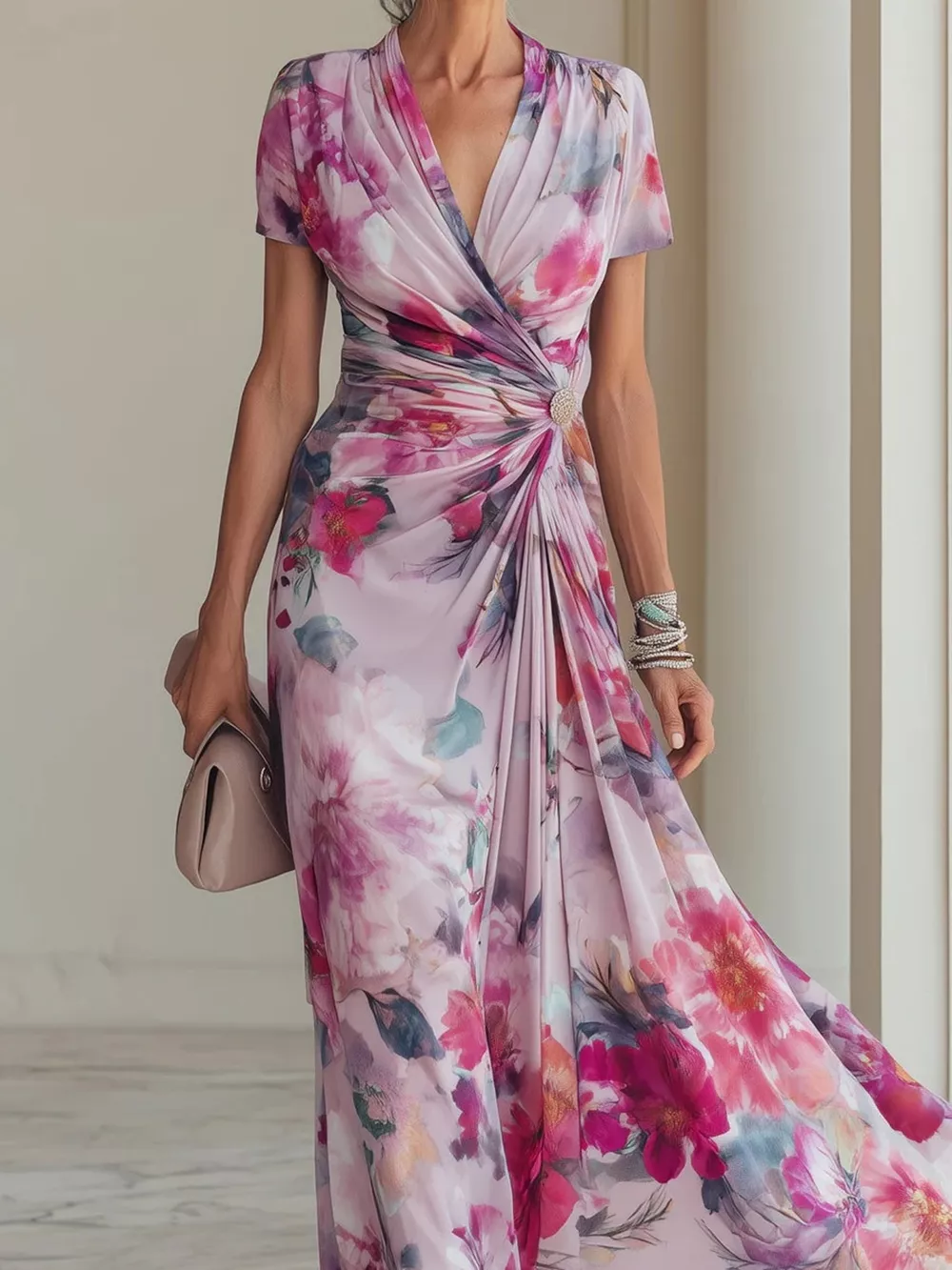 Floral Print Ruched Short Sleeve Maxi Dress, image 3