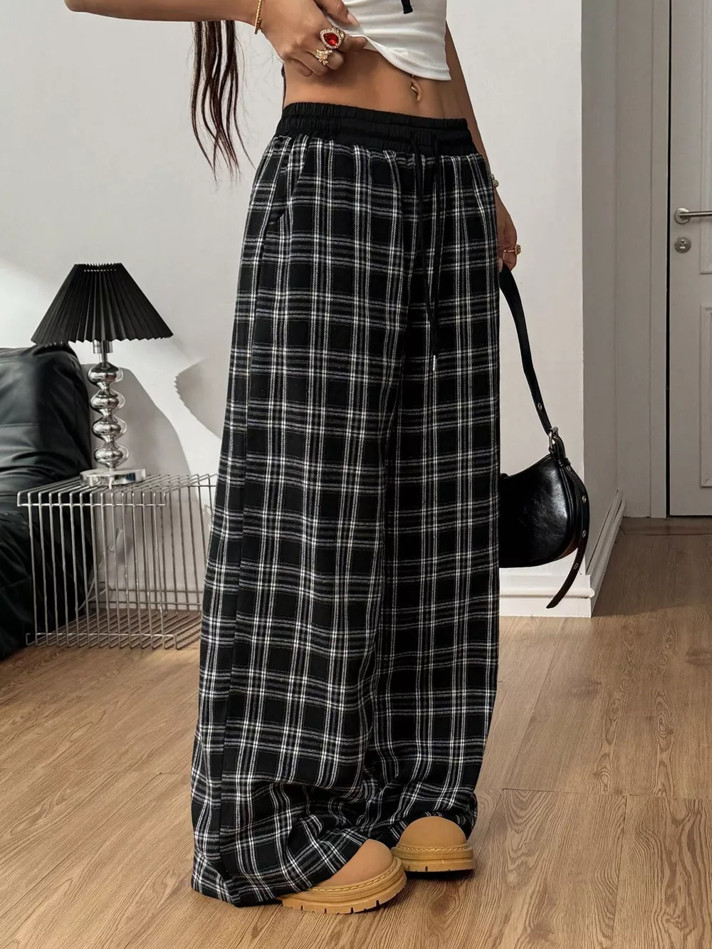 Plaid Wide-Leg Pants with Elastic Waistband, image 12