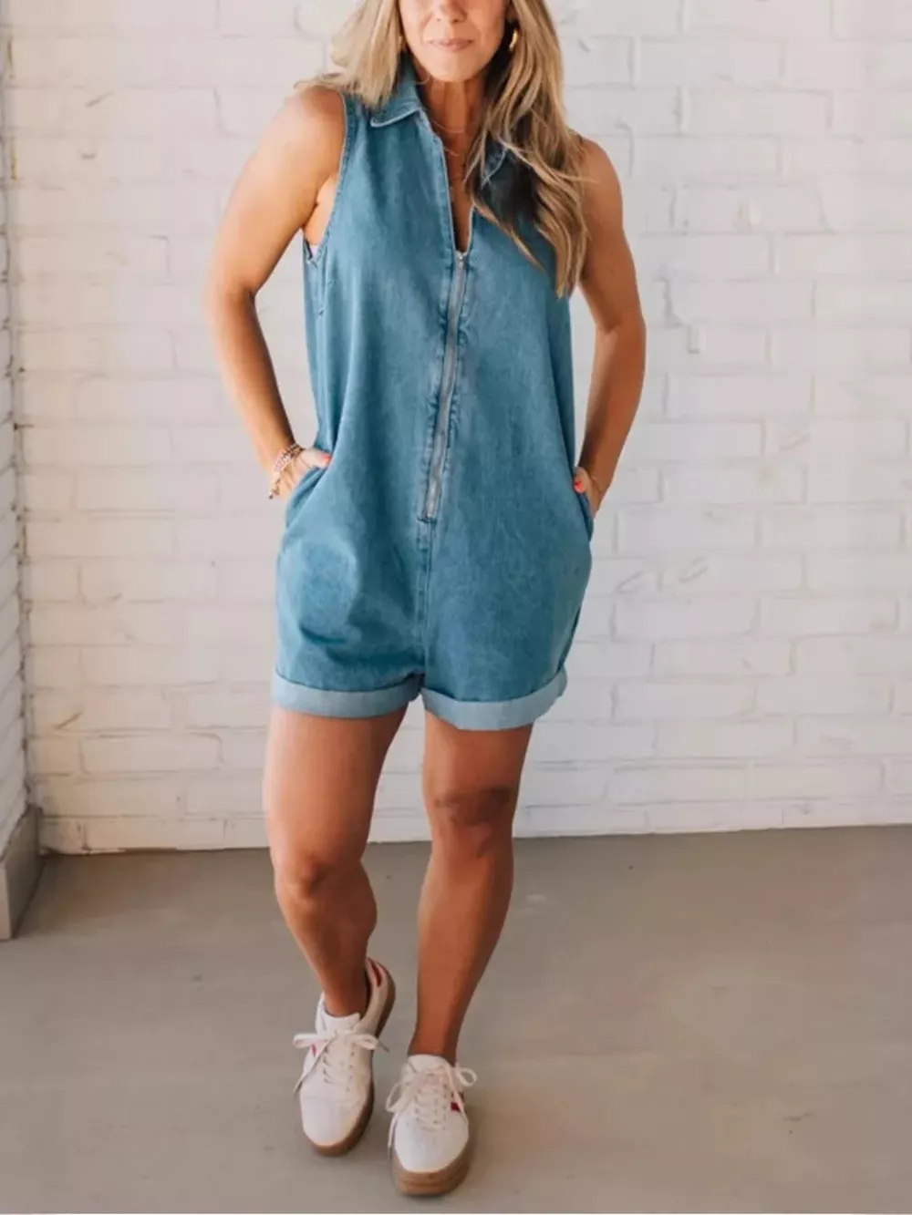 Sleeveless Zip-Up Denim Romper, image 3