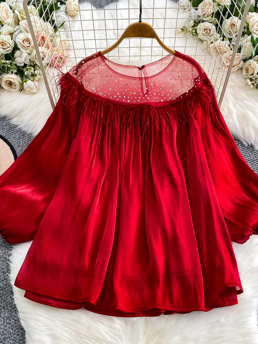 Rhinestone Mesh Panel Blouse, image 10