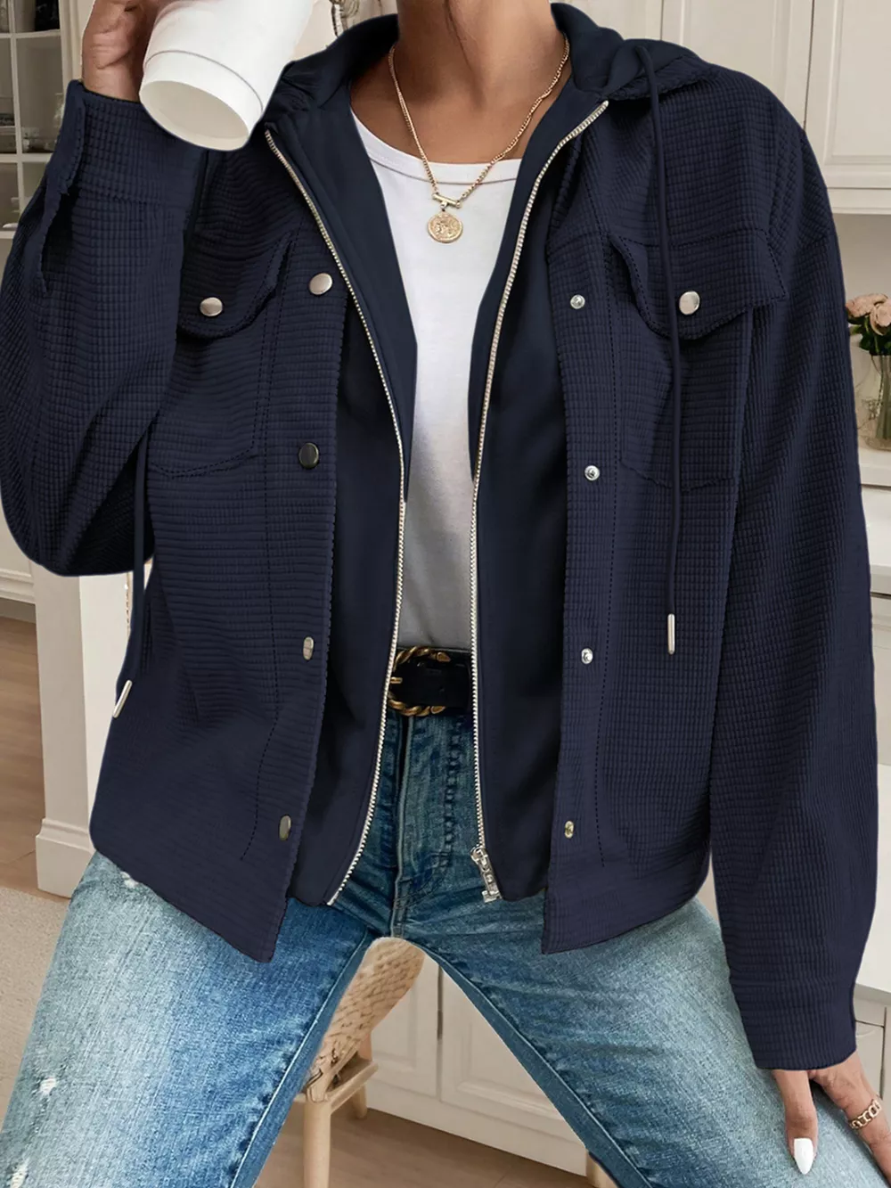Hooded Waffle Knit Zip-Up Jacket, image 3