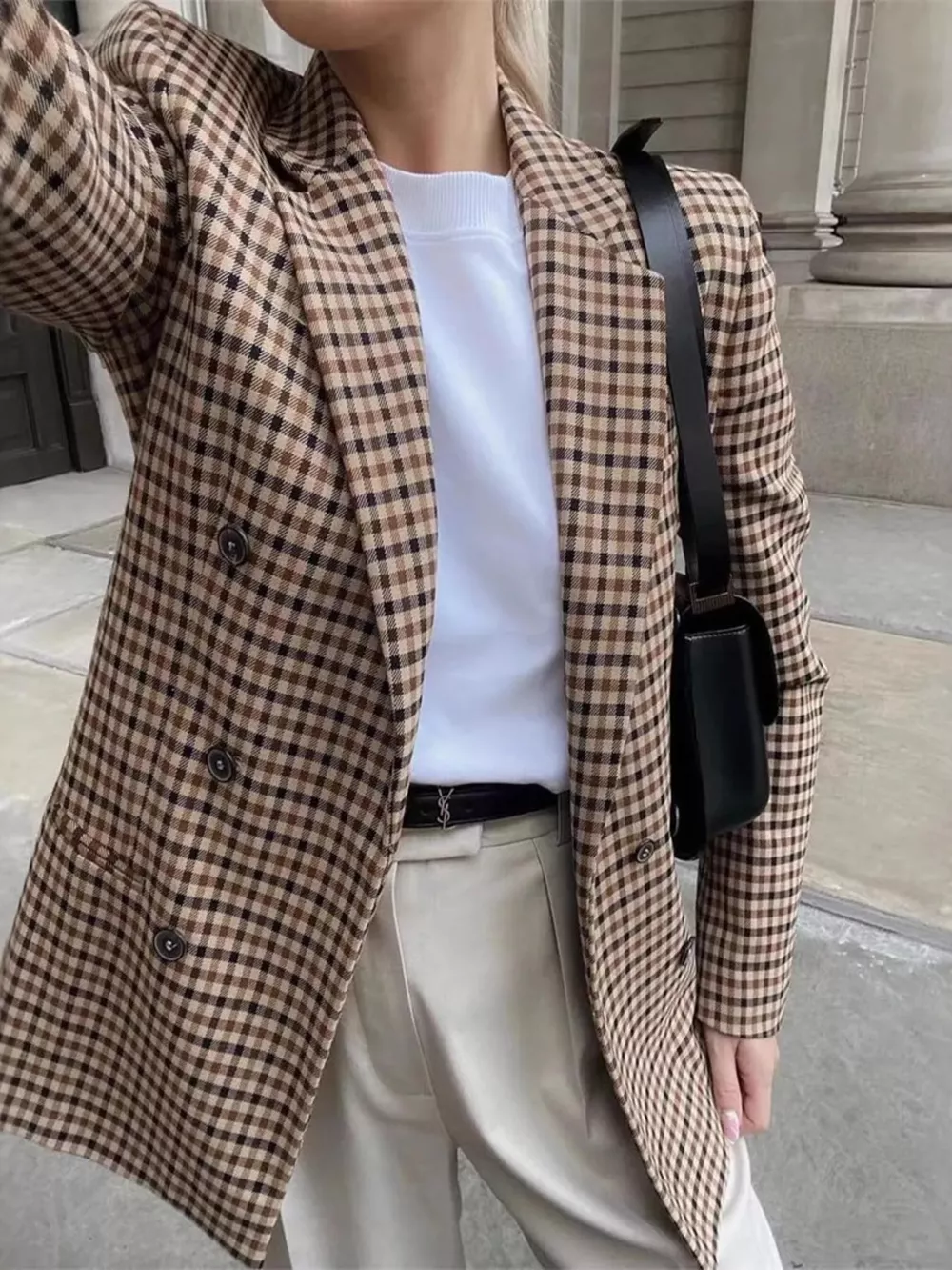 Plaid Lapel Collar Long Sleeve Blazer, image 2
