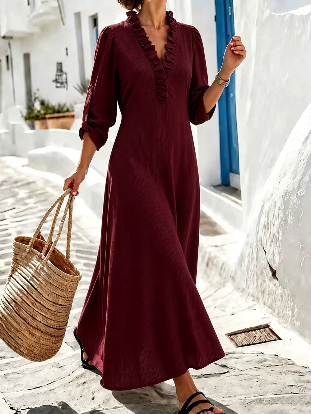 Full Size V-Neck Maxi Dress with Roll-Up Sleeves Plus Size, image 16