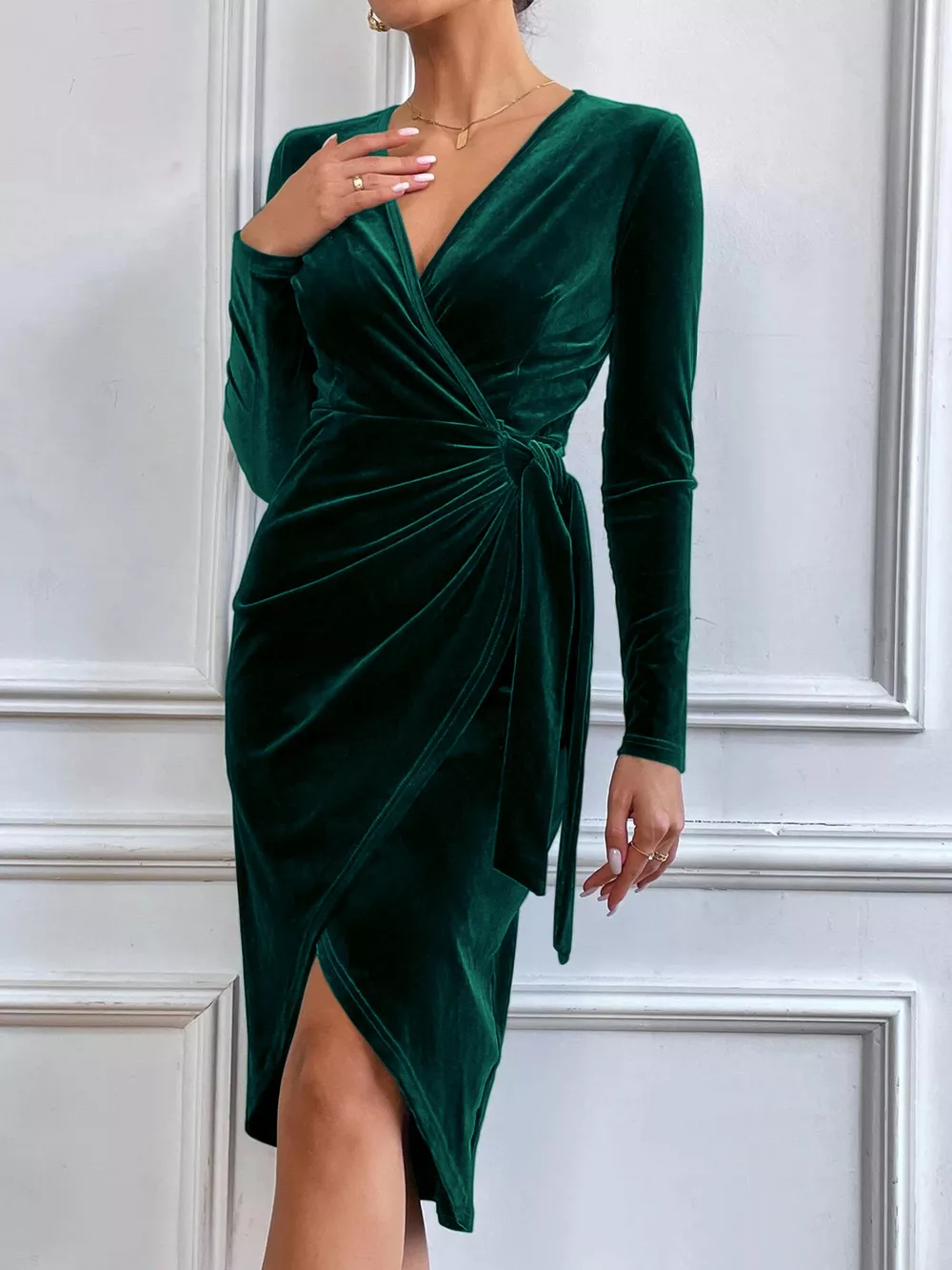 Velvet Wrap Long Sleeve Midi Dress, image 5