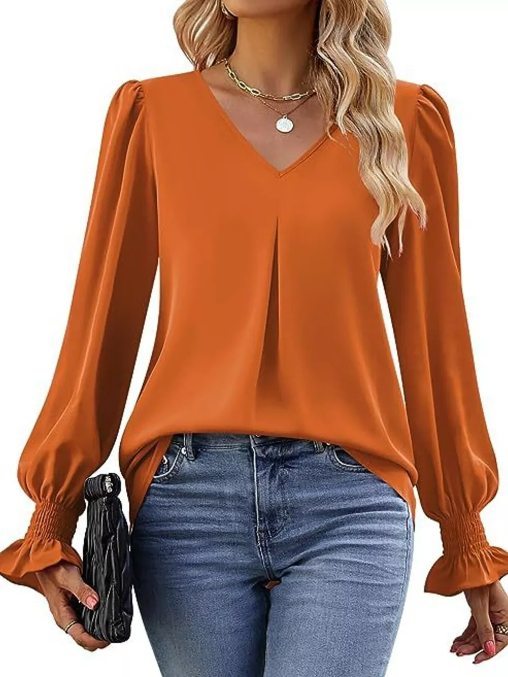 V-Neck Long Sleeve Ruffle Cuff Blouse, image 4