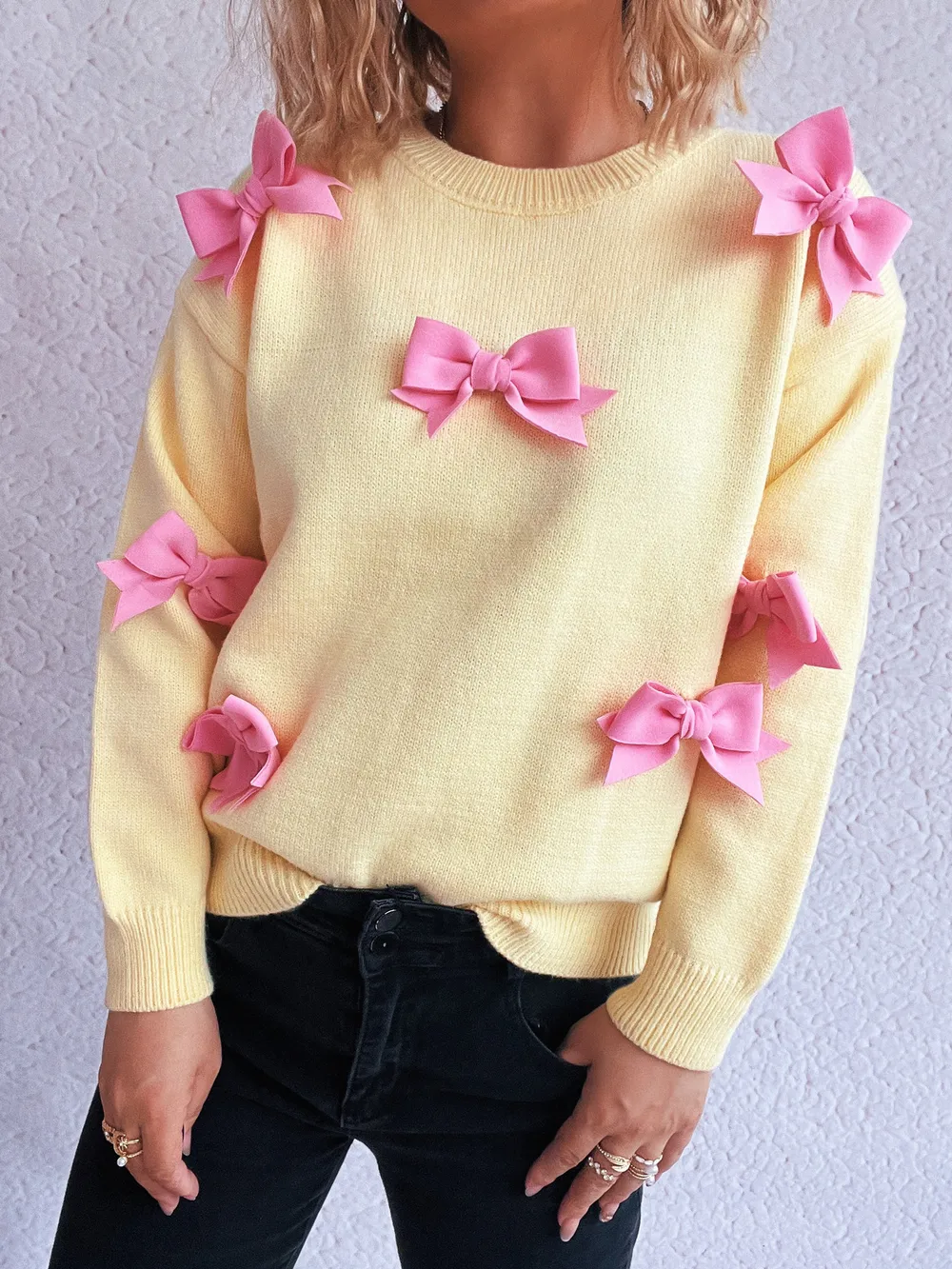 Bow Round Neck Long Sleeve Sweater, image 19