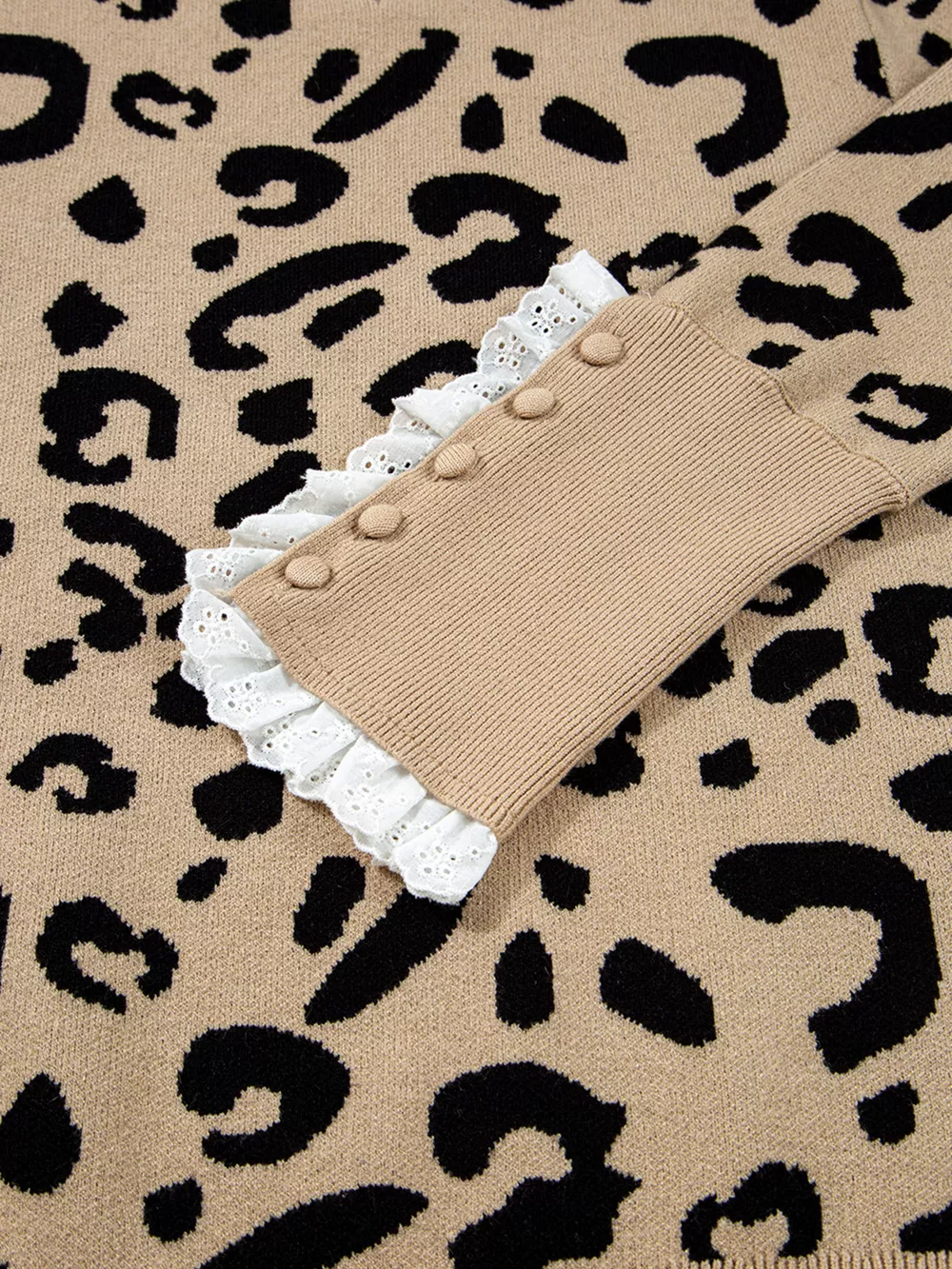 Leopard Pattern Lace Ribbed Detail Button Cuffed Sweater, image 5