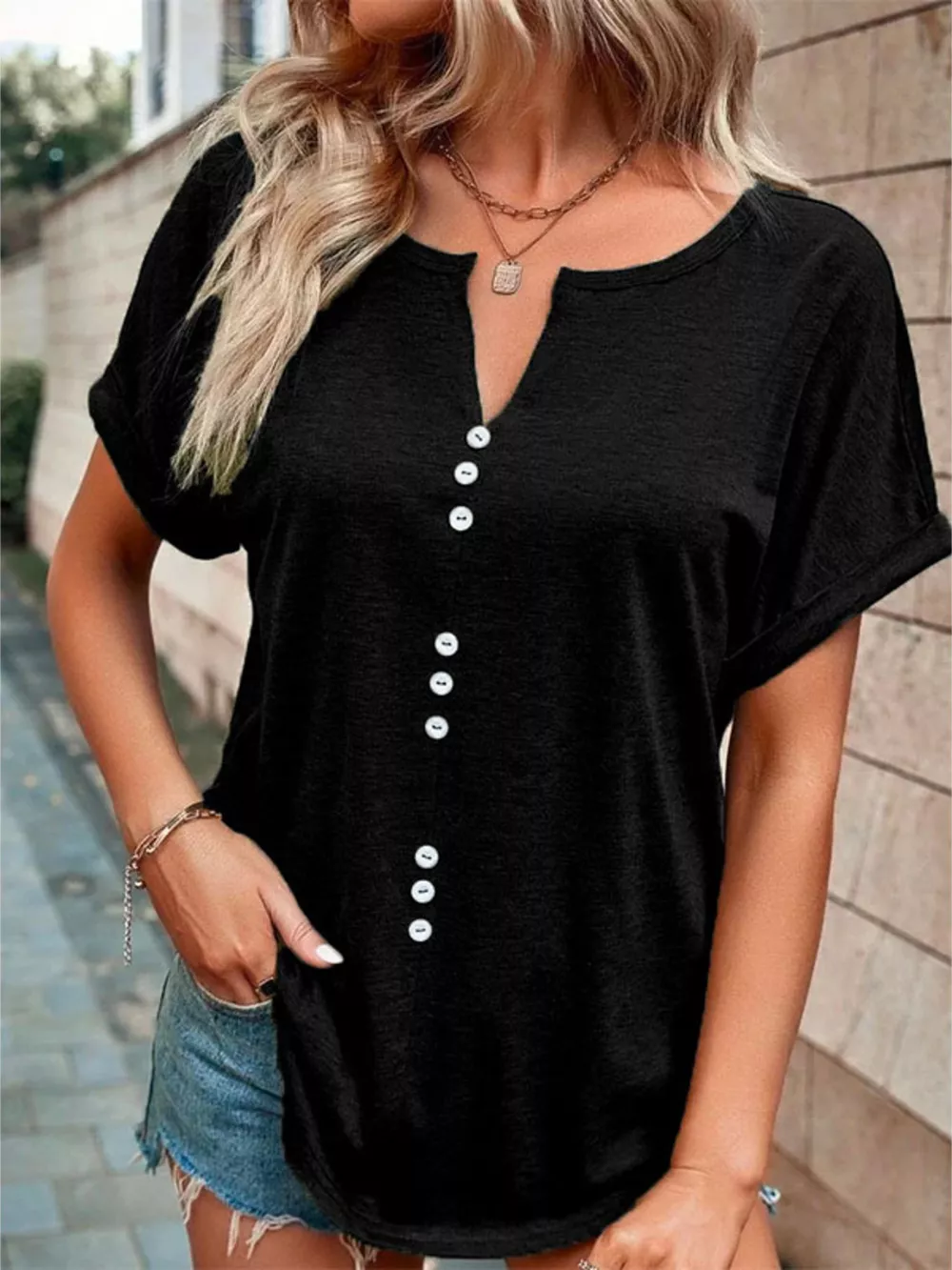 Full Size Decor Button Short Sleeve T-Shirt Plus Size, image 20