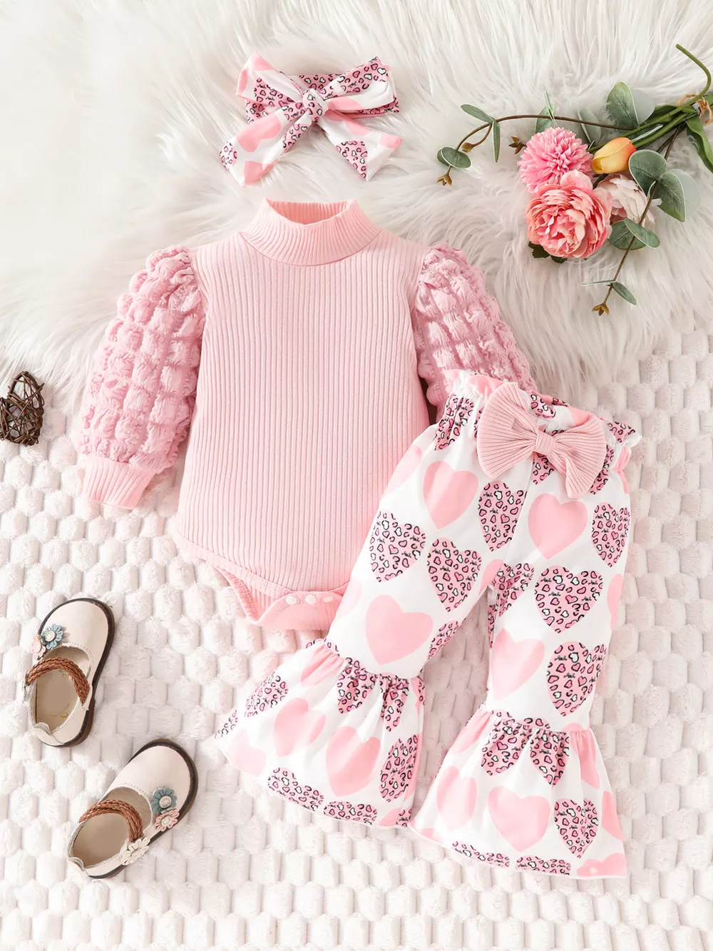 Children's Bubble Texture Long Sleeve Top and Pants Set with Headband, image 2