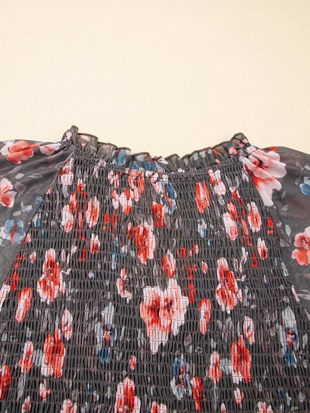 Frilly Smocked Bodice Floral Mesh Long Sleeve Mini Dress, image 7