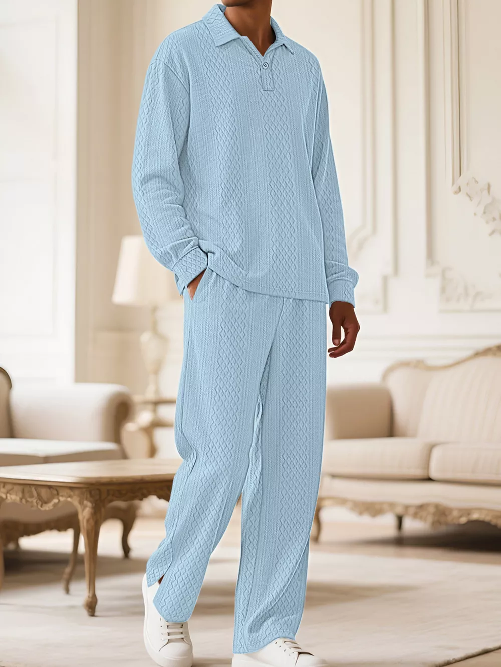 Men's Full Size Textured Long Sleeve Top and Pants Set Plus Size, image 2