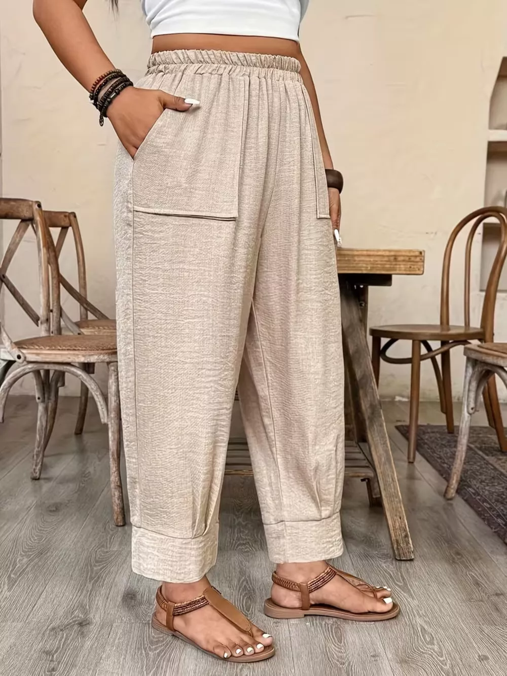 Plus Size High-Waisted Elastic Waist Pants with Pockets, image 4