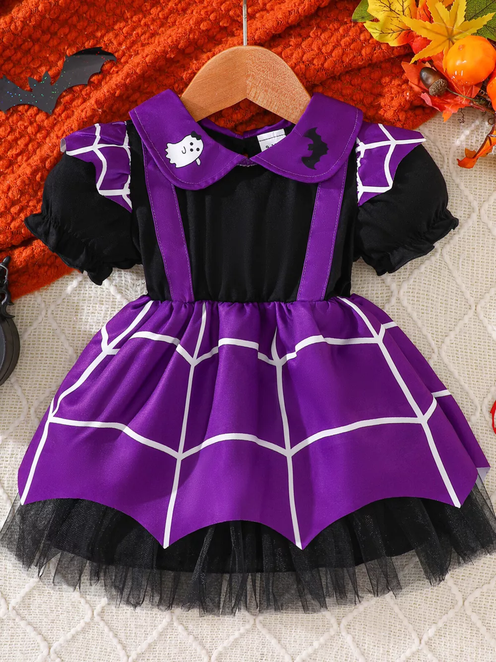 Children's Halloween Spiderweb Print Peter Pan Collar Dress, image 2