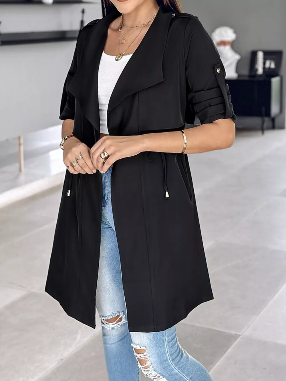 Drape Collar Lightweight Trench Coat, image 11