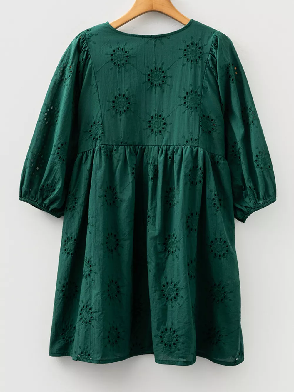 Embroidered Eyelet Pattern 3/4 Puffy Sleeve Swing Mini Dress, image 11