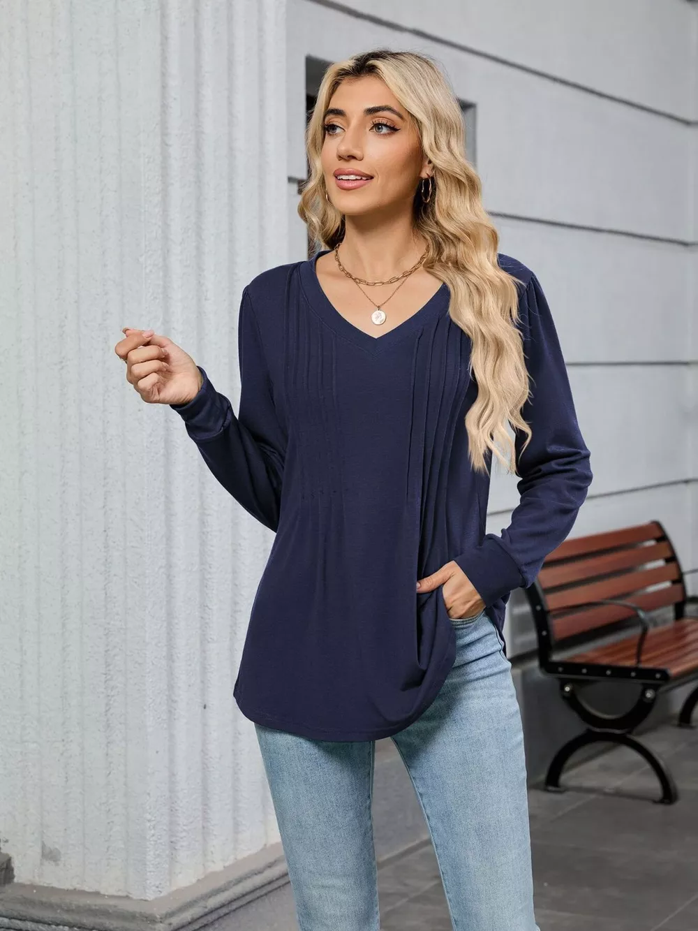 V-Neck Long Sleeve Relaxed Fit T-Shirt, image 32