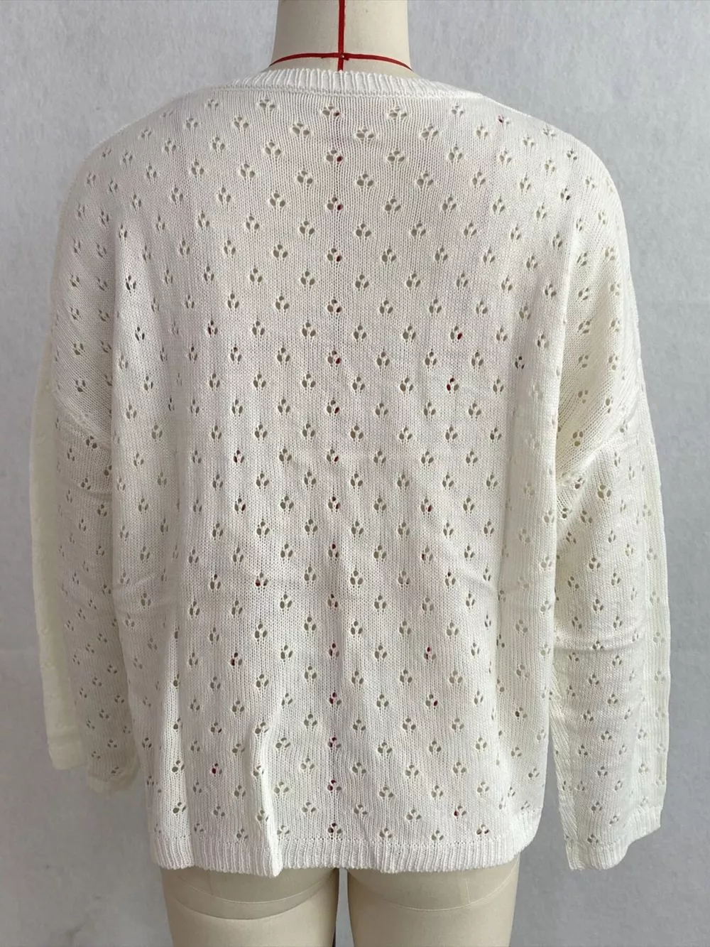 Pointelle Button-Front Round Neck Knit Top, image 7