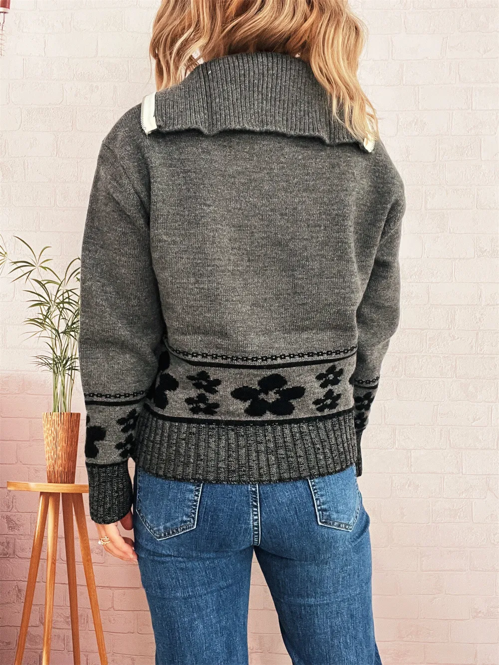 Flower Zip Collar Long Sleeve Sweater, image 15
