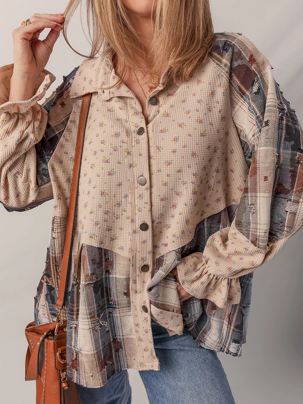 Boho Floral Plaid Patchwork Distressed Detail Ruffled Sleeve Waffle Knit Shacket, image 3