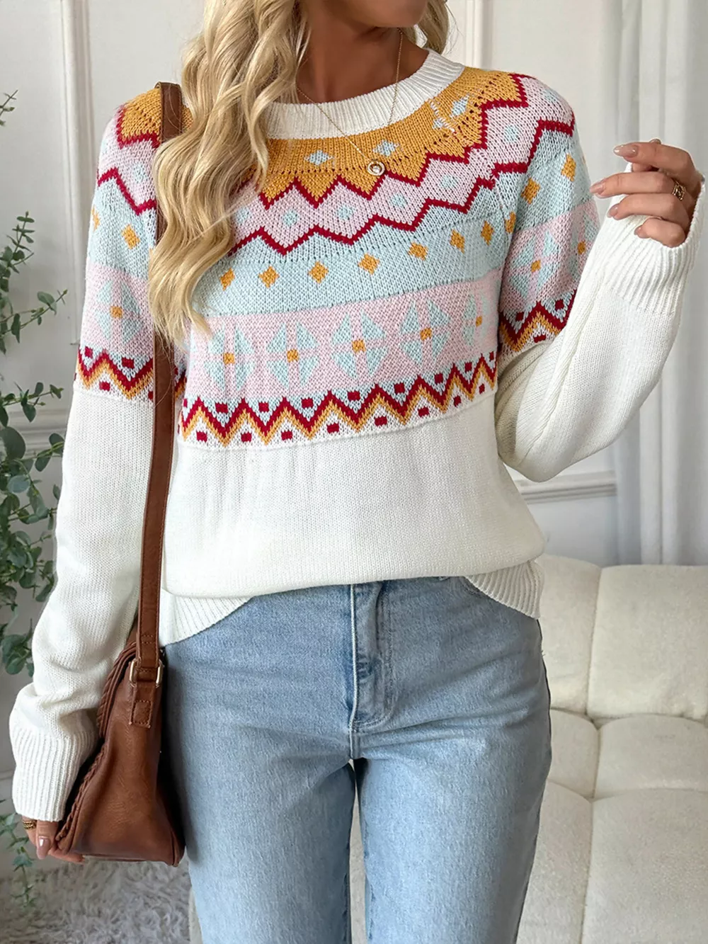 Contrast Round Neck Long Sleeve Sweater, image 3
