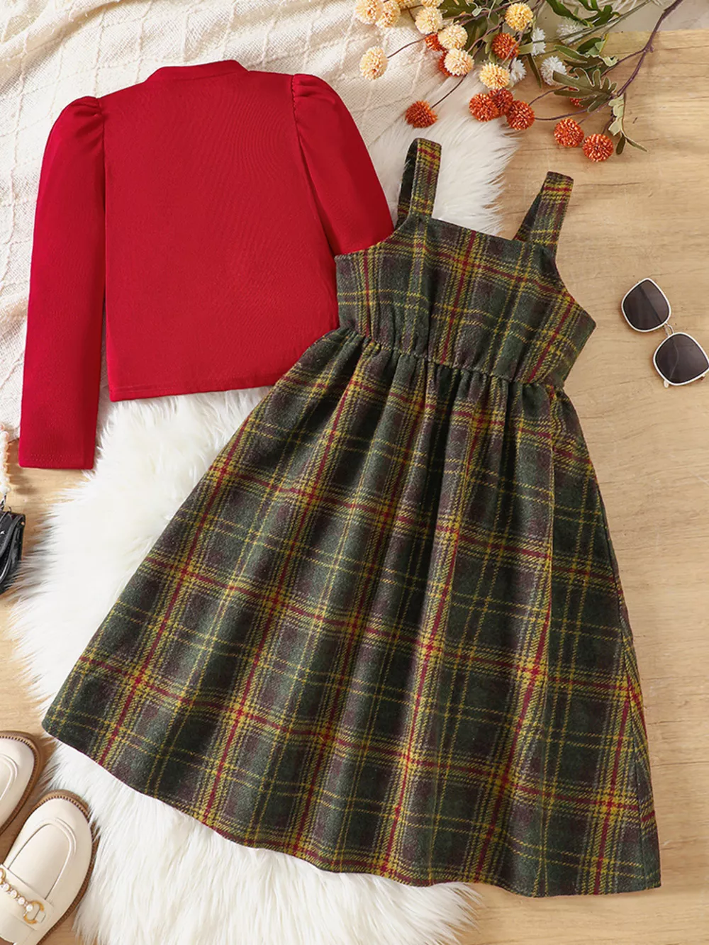 Children's Long Sleeve Top and Plaid Dress Set, image 3