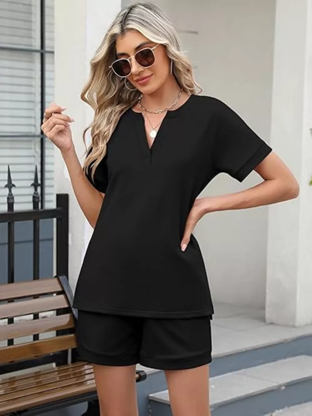 Solid Color Short Sleeve Top and Shorts Two-Piece Set, image 10