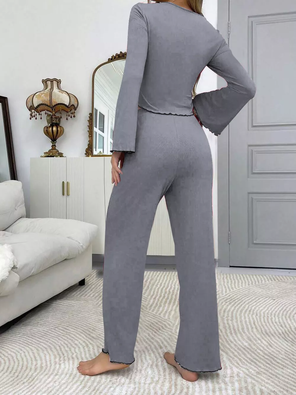 Lace Detail Flare Sleeves Top and Pants Lounge Set, image 10