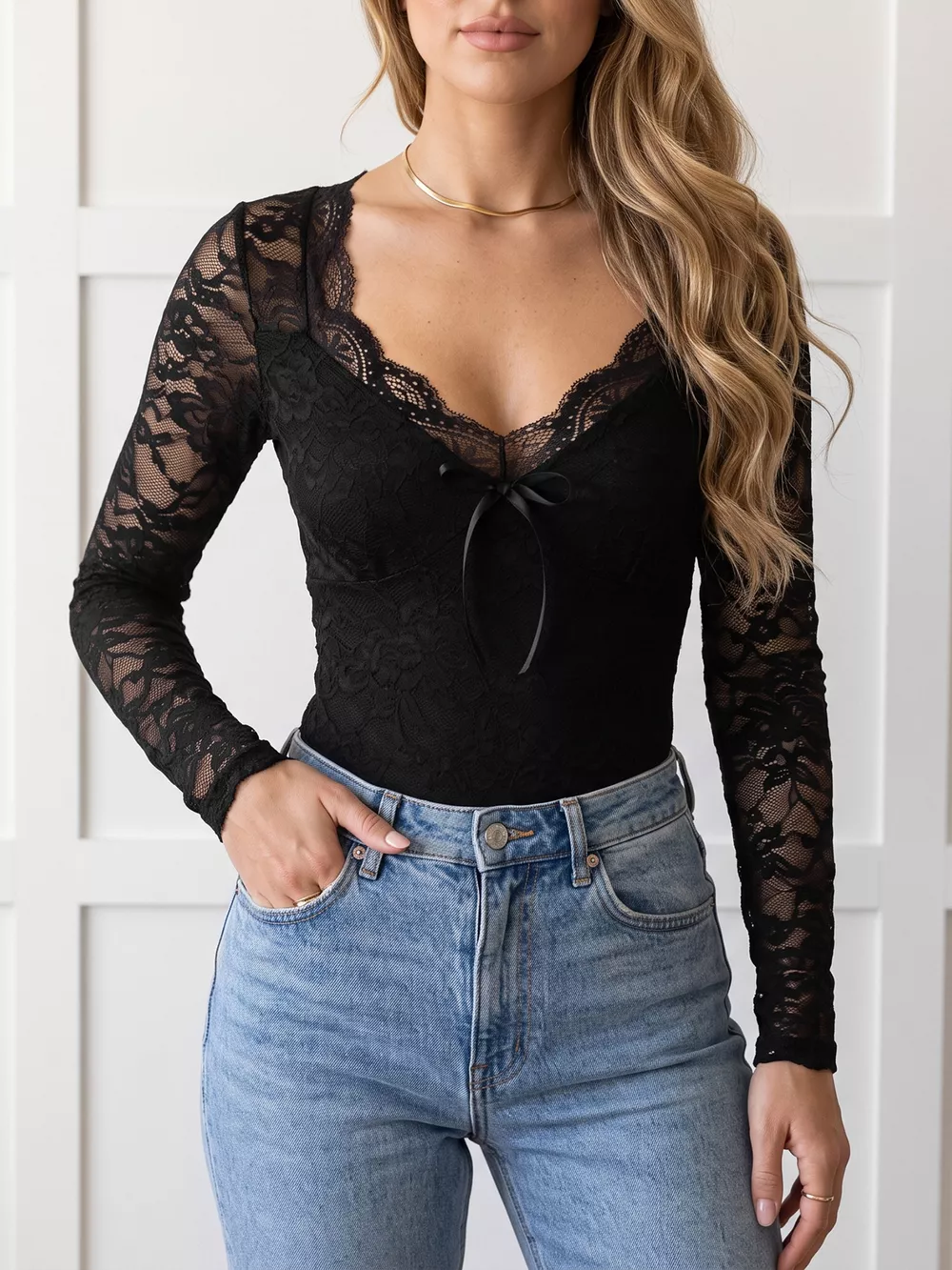 Lace Long Sleeve Bodysuit with Bow Detail, image 4