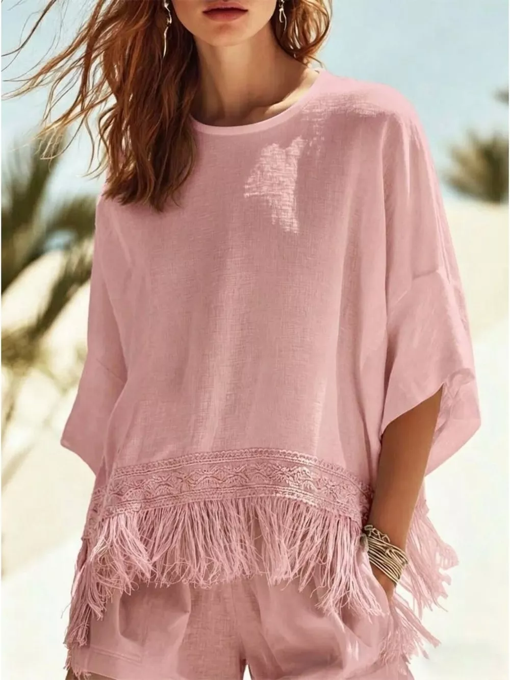 Fringed 3/4 Sleeve Blouse, image 7