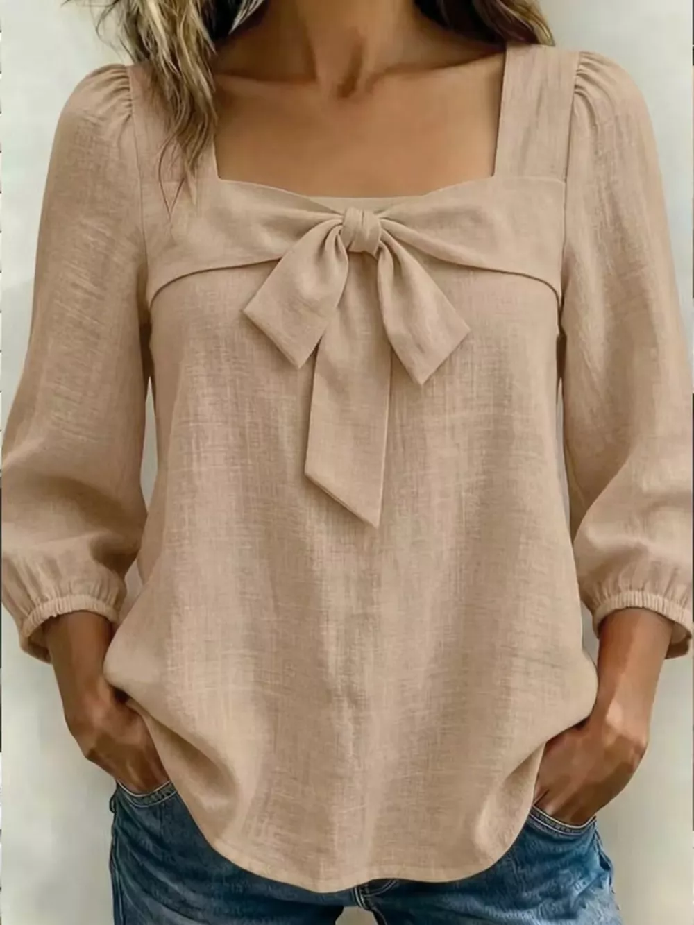 Full Size Bow Front Square Neck Blouse Plus Size, image 7