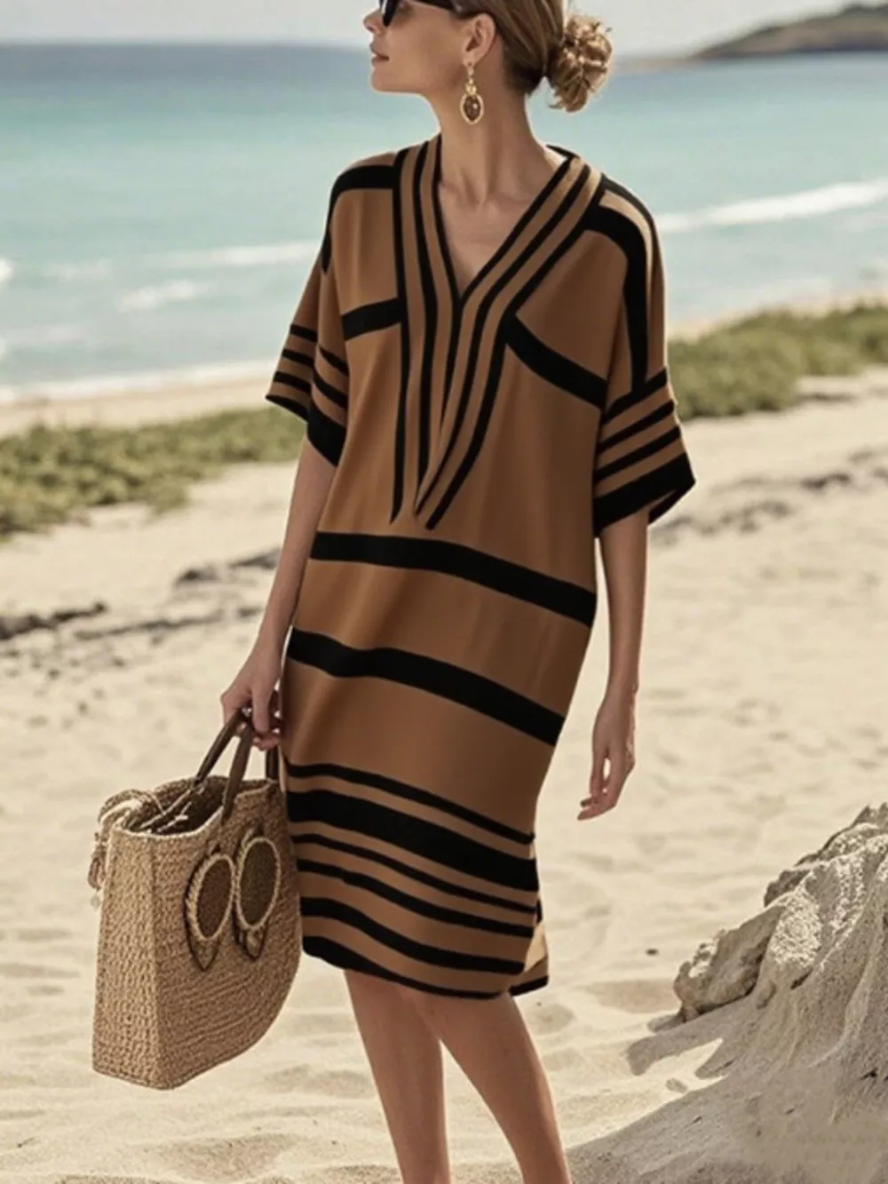 Full Size Striped Half Sleeve Midi Dress Plus Size, image 22