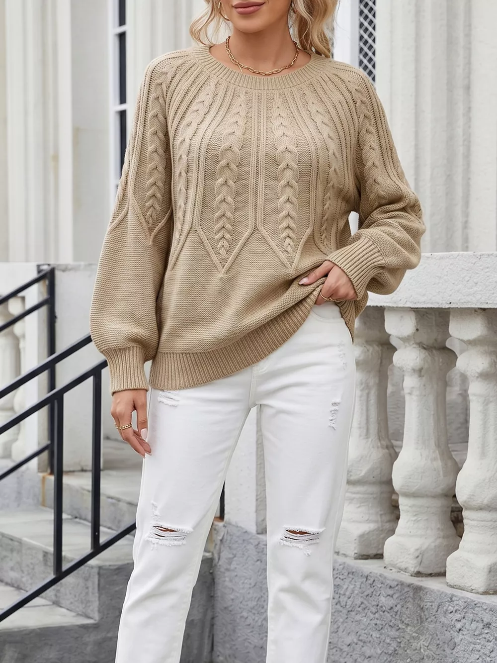 Cable-Knit Round Neck Sweater, image 12