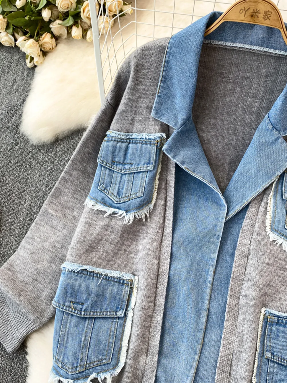 Raw Hem Denim Pocket Patchwork Cardigan, image 20