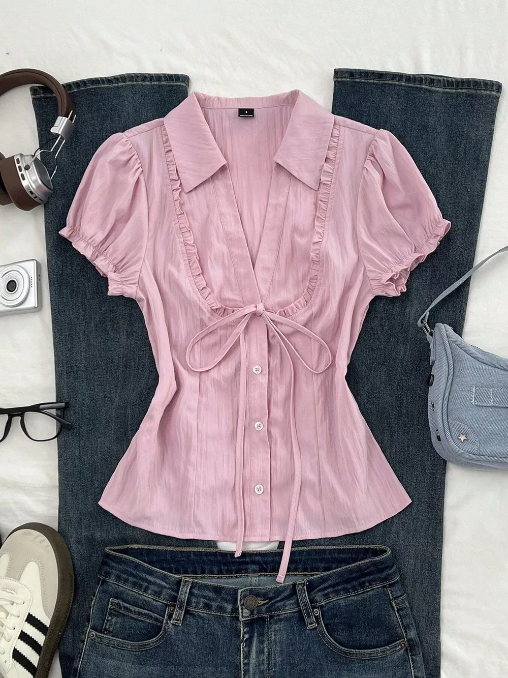 Frill Button Up Short Sleeve Shirt