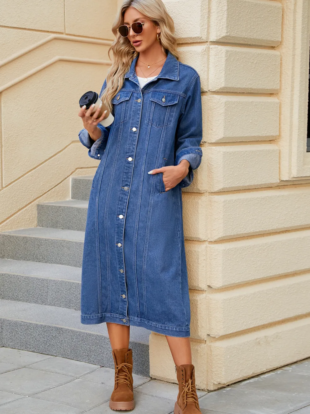 Button Up Long Sleeve Longline Denim Jacket, image 5