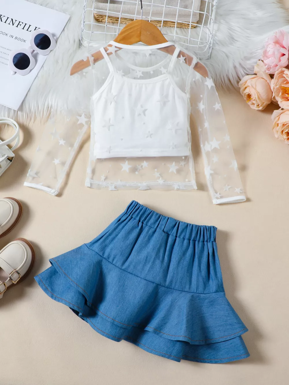 Children's Cami & Star Print Mesh Top & Ruffle Denim Skirt Set, image 5