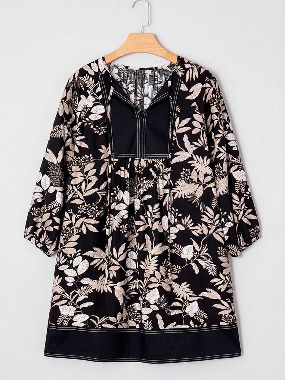 3/4 Sleeve Botanical Print Split Neck Loose Mini Dress, image 8